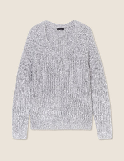 Pull manches longues col en V gris argent femme