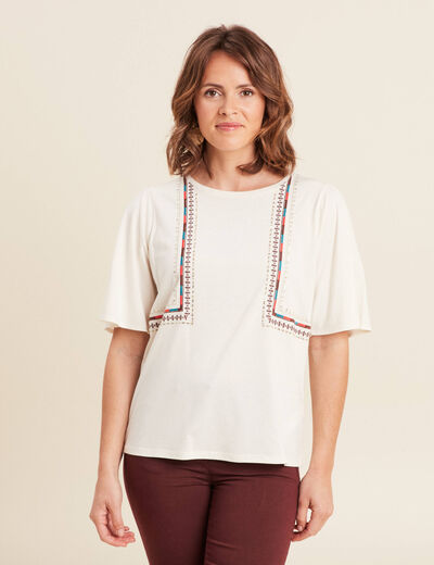 T-shirt manches courtes brodé ecru femme