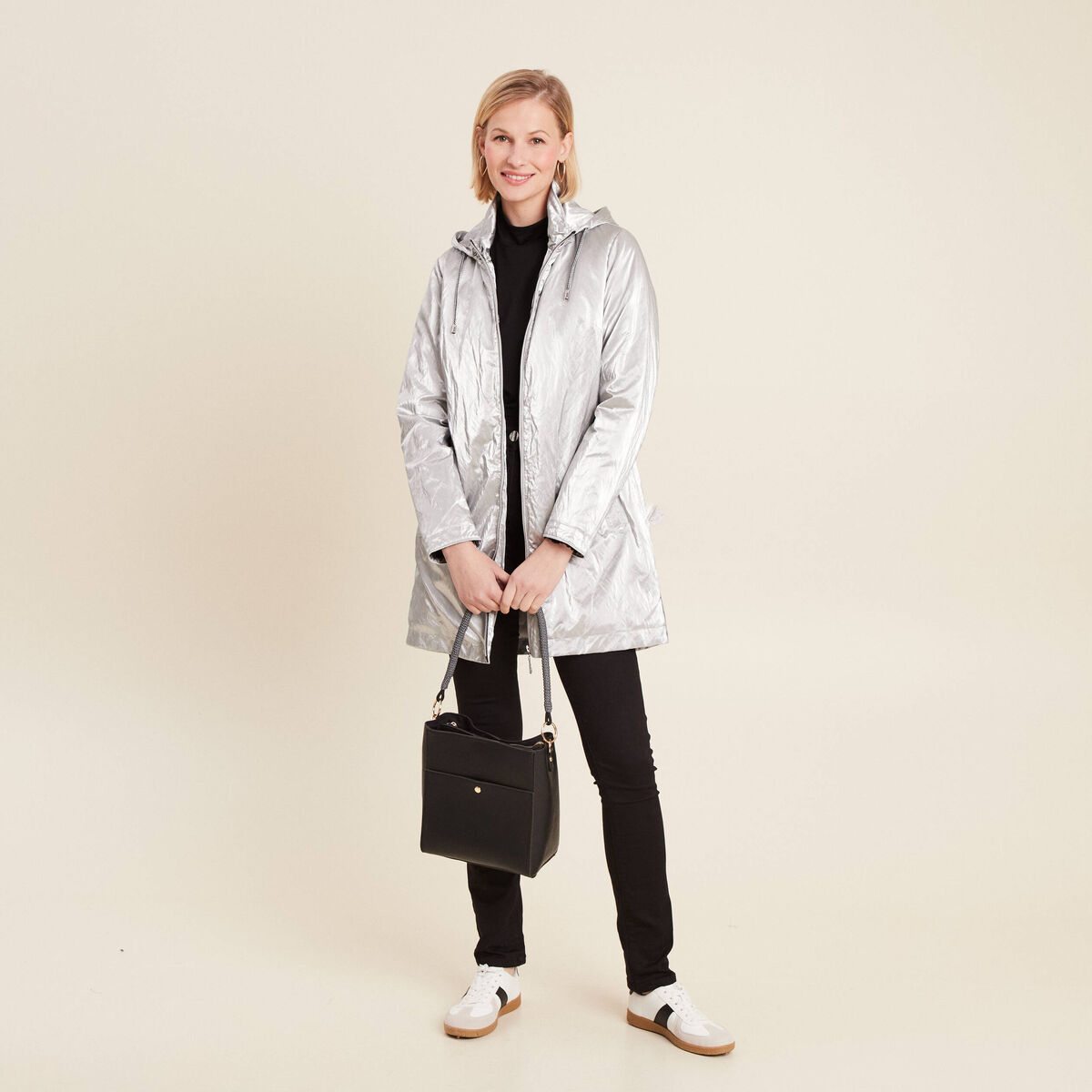 Parka métallisée à capuche gris argent femme