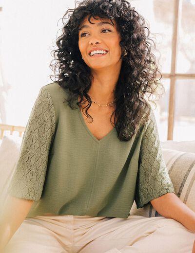 Blouse manches 3/4 vert kaki femme