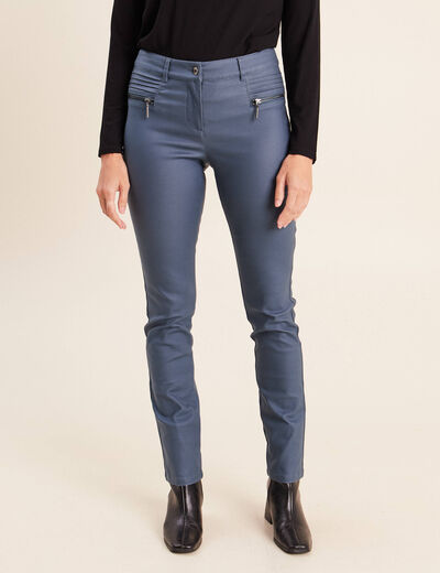 Pantalon enduit ajust&eacute; taille bascul&eacute;e bleu fonc&eacute; femme