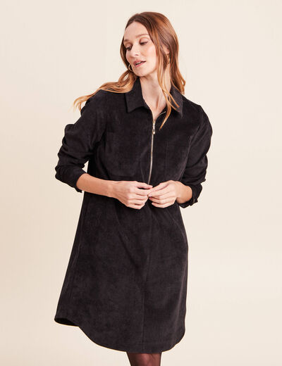 Robe droite courte velours col chemise noir femme