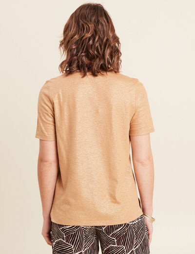 T-shirt col V manches courtes beige femme