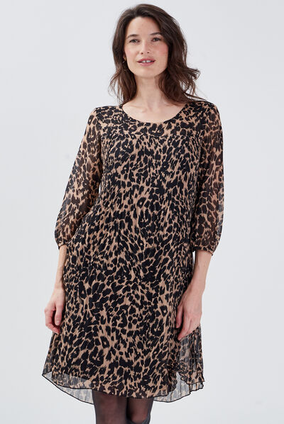 Robe droite manches 3/4 beige femme