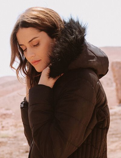 Doudoune d&eacute;perlante longue &agrave; capuche noir femme