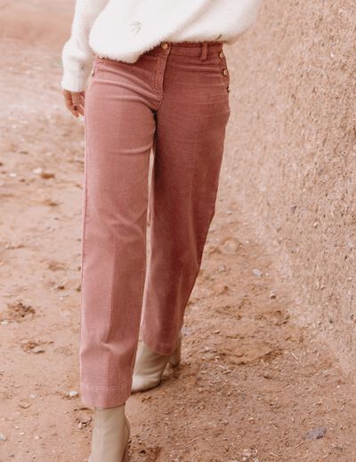 Pantalon large velours c&ocirc;tel&eacute; rose framboise femme