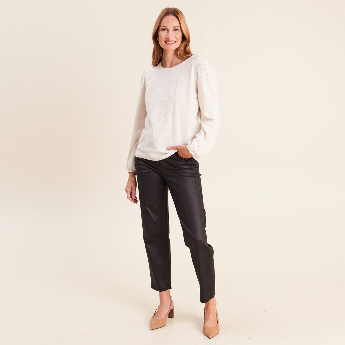 Blouse col rond manches longues ivoire femme