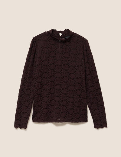 T-shirt cintr&eacute; col montant dentelle marron fonc&eacute; femme