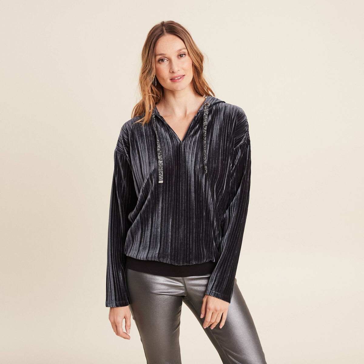 Sweat manches longues pliss&eacute; gris argent femme