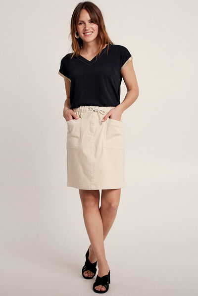 Jupe droite taille élastiquée ivoire femme