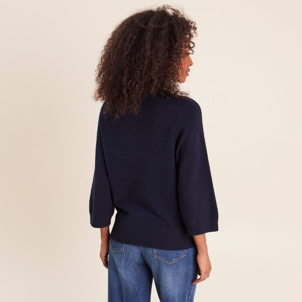 Pull droit col rond manches 3/4 bleu marine femme