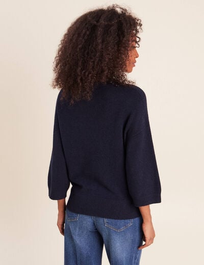Pull droit col rond manches 3/4 bleu marine femme