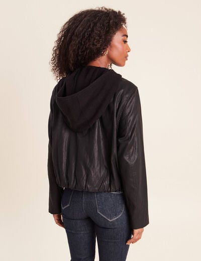 Blouson capuche bas resserr&eacute; similicuir noir femme