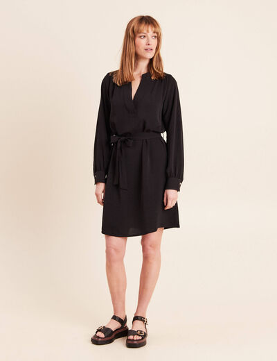 Robe droite courte col v manches longues noir femme