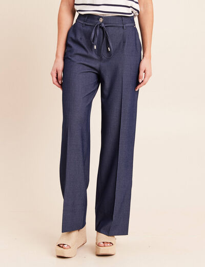 Pantalon coupe large taille haute fluide denim brut femme