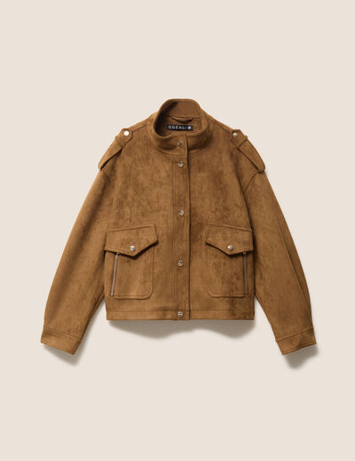 Veste ample col montant doubl&eacute;e marron fonc&eacute; femme
