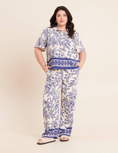 Pantalon large 7/8&egrave;me taille haute bleu femme