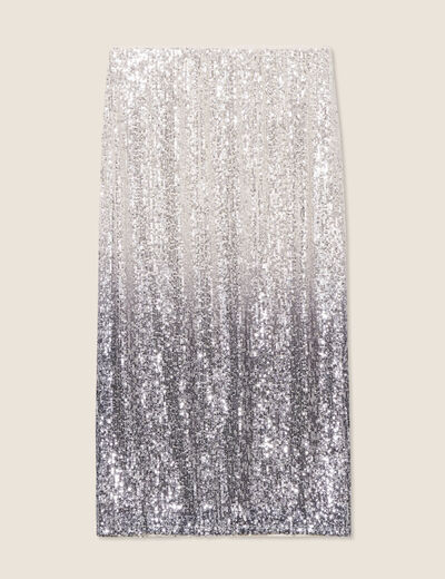 Jupe longue ajustée sequins gris argent femme