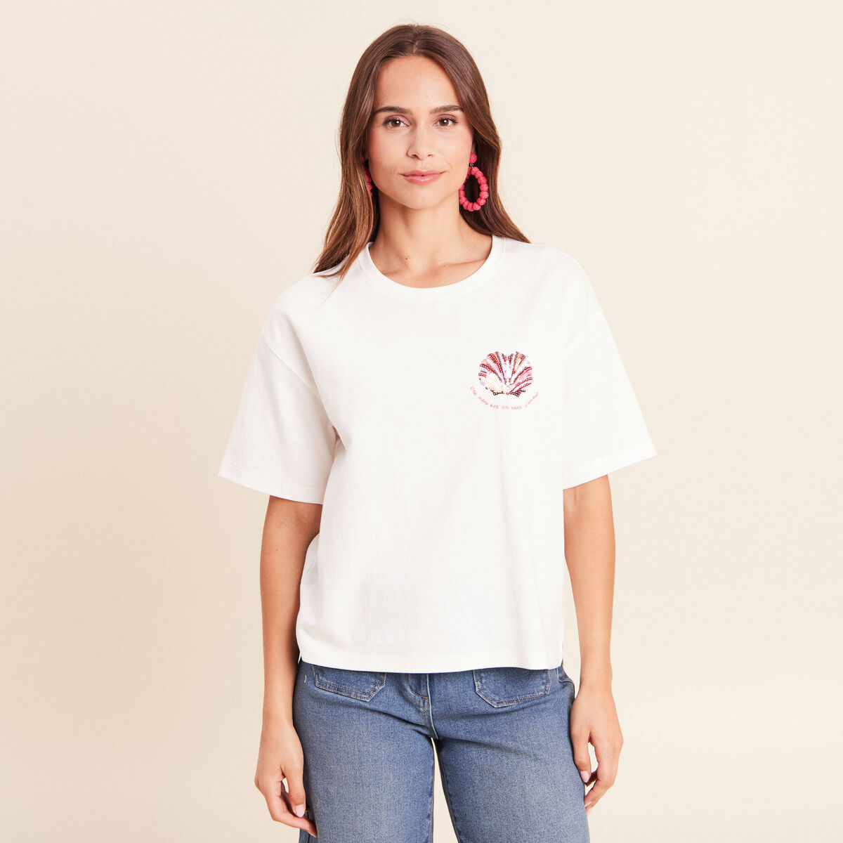 T-shirt col rond manches courtes sequins ecru femme