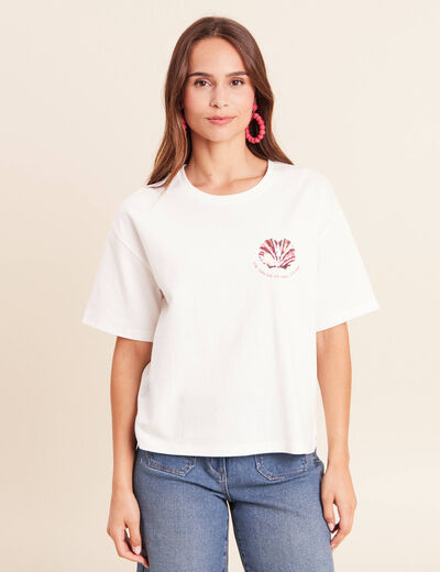 T-shirt col rond manches courtes sequins ecru femme