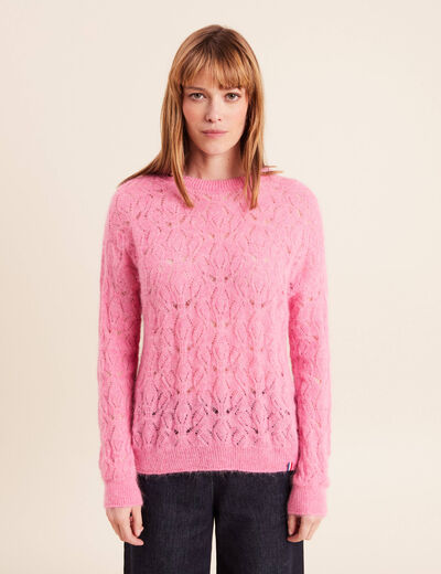 Pull ajour&eacute; col rond manches longues rose fushia femme