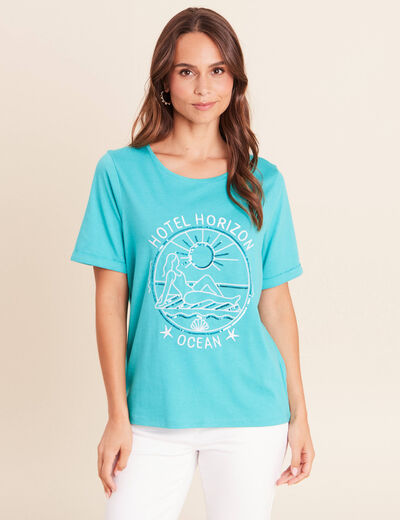 T-shirt col rond manches courtes brod&eacute; vert turquoise femme