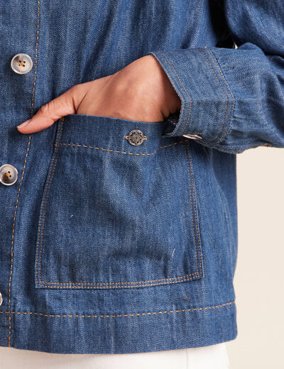 Veste courte droite manches longues denim stone femme