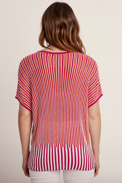 Pull manches courtes col en V rose fushia femme
