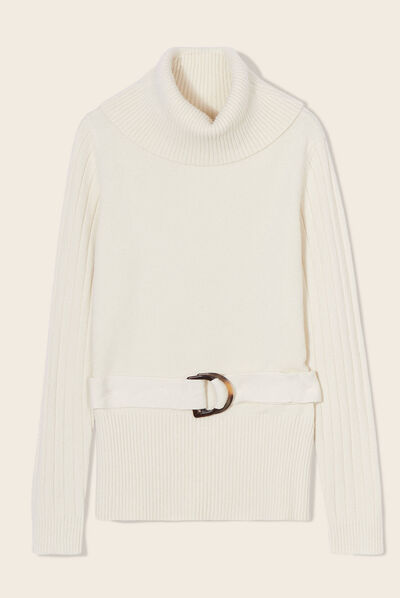 Pull col roulé avec ceinture creme femme
