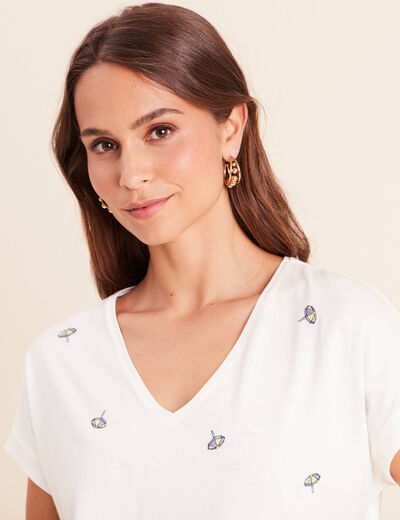 T-shirt col v broderie manches courtes ecru femme