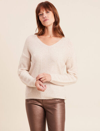 Pull col v manches longues &agrave; sequins couleur or femme