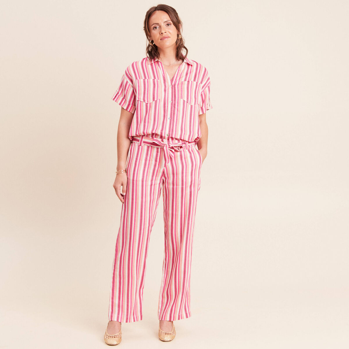 Chemise ample manches courtes aspect lin rose femme