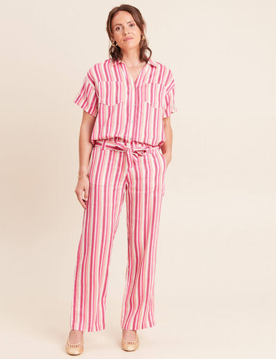 Chemise ample manches courtes aspect lin rose femme