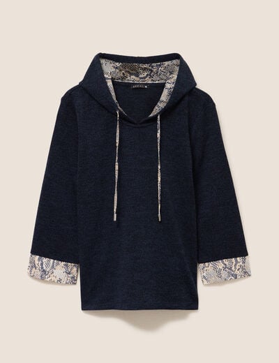 Sweat &agrave; capuche manches 3/4 bleu marine femme