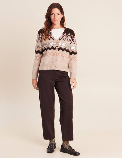 Cardigan jacquard col rond marron femme