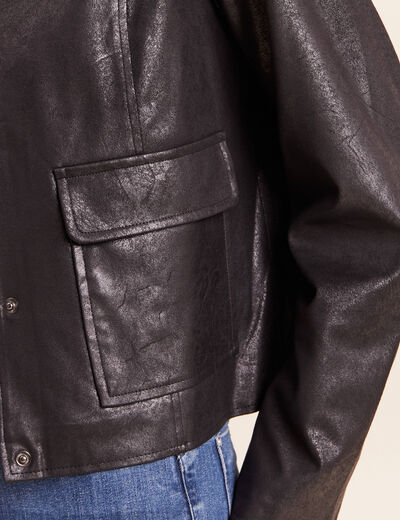 Veste courte droite aspect daim noir femme