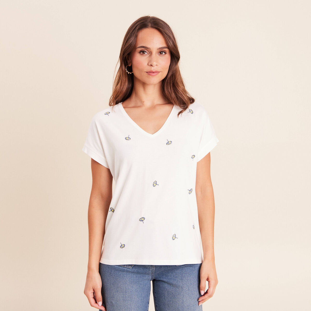 T-shirt col v broderie manches courtes ecru femme