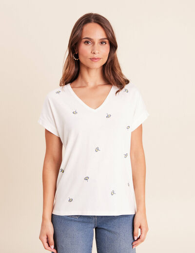 T-shirt col v broderie manches courtes ecru femme