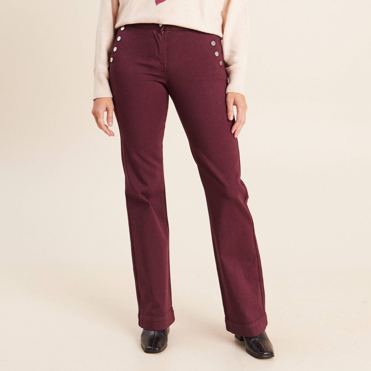 Pantalon coupe bootcut &agrave; pont prune femme