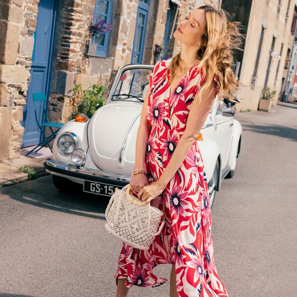 Robe midi évasée fluide rouge femme