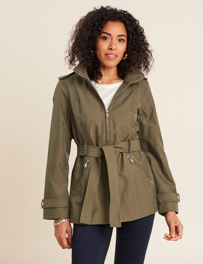 Parka droite ceinturée vert olive femme