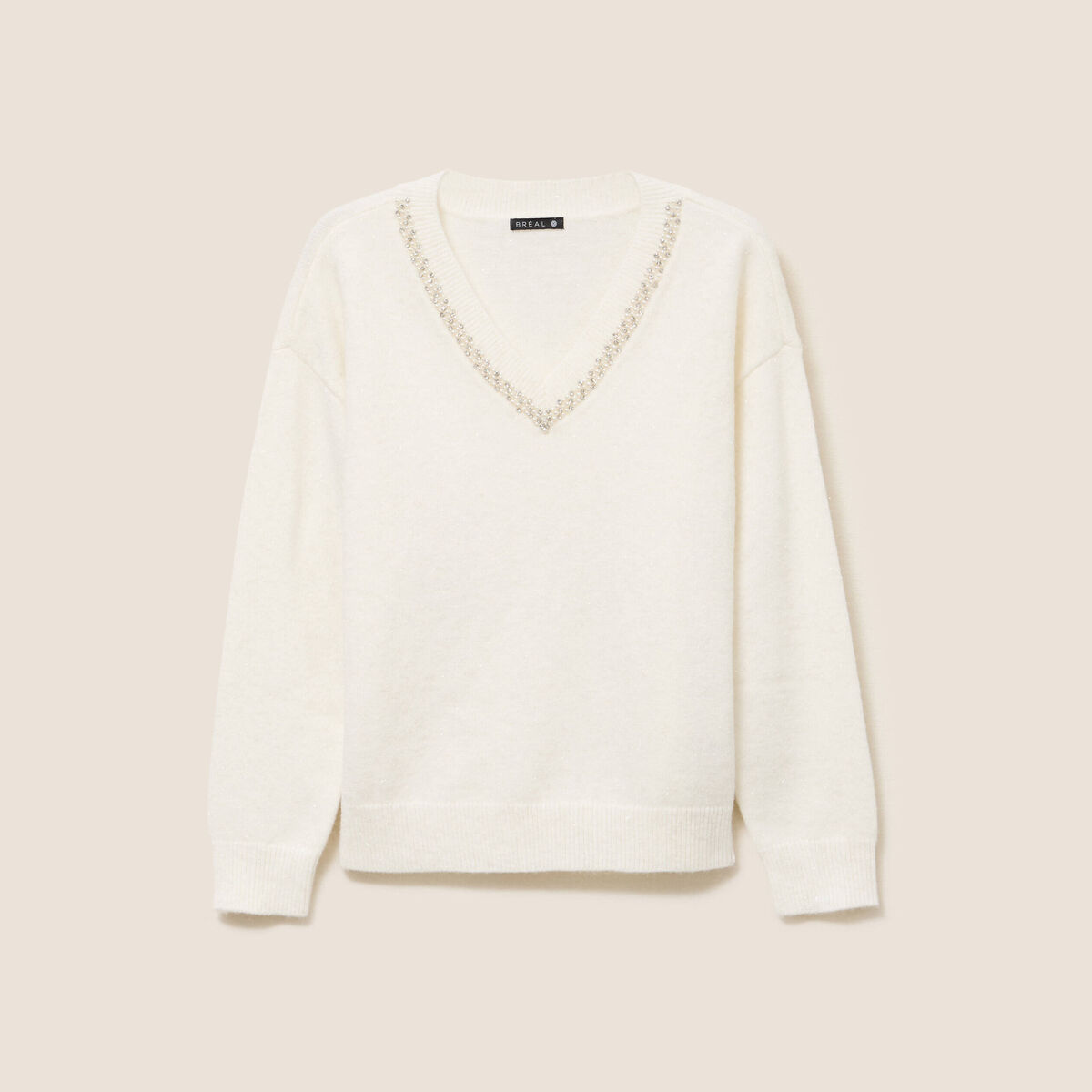 Pull col v manches longues brillant ecru femme
