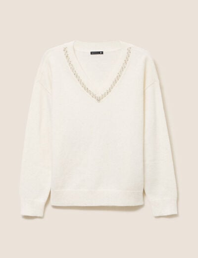 Pull col v manches longues brillant ecru femme