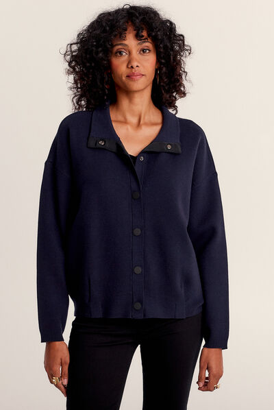 Pull manches longues boutons bleu foncé femme