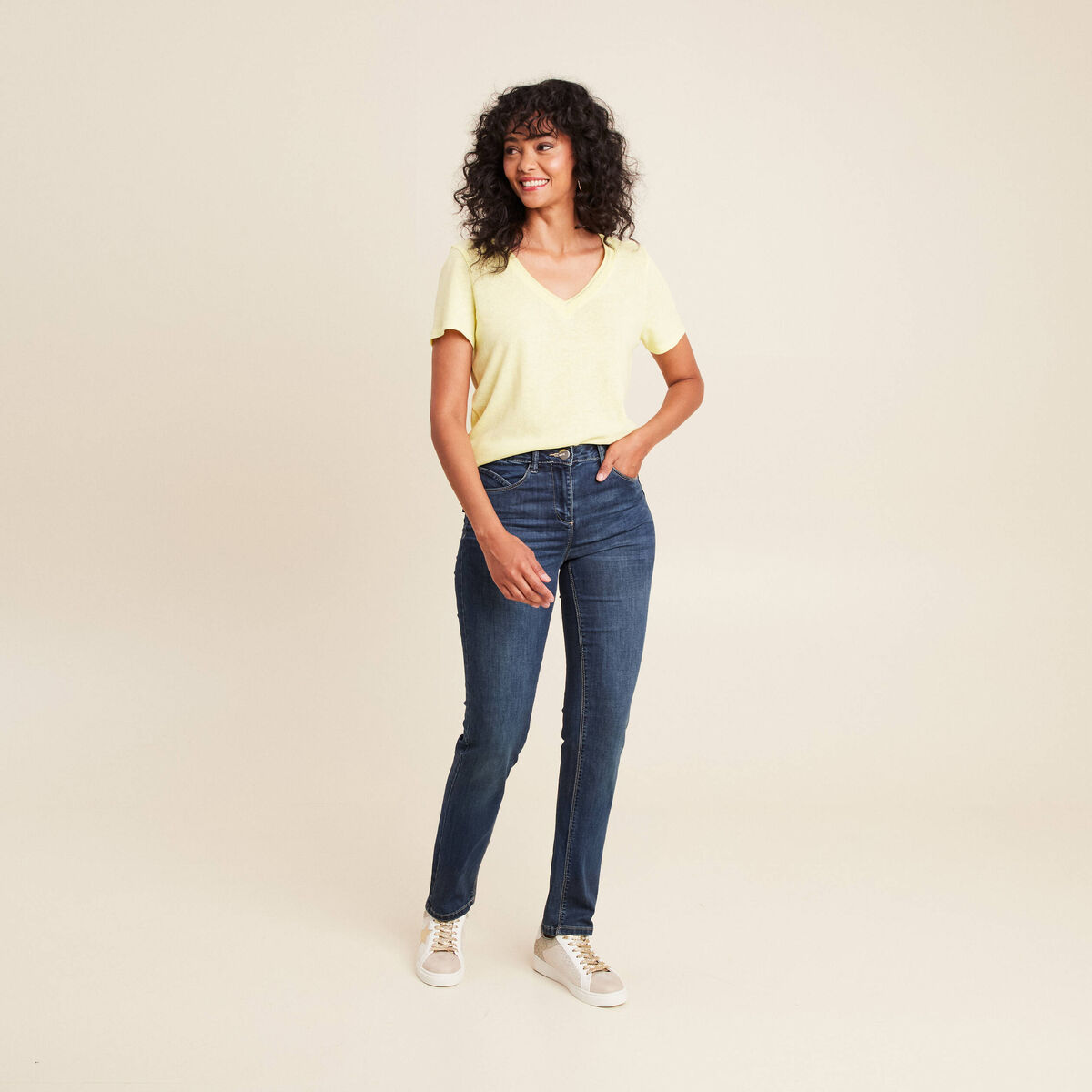 Jean coupe ajust&eacute;e long denim brut femme