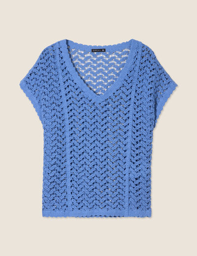 Pull manches courtes ajouré bleu ciel femme