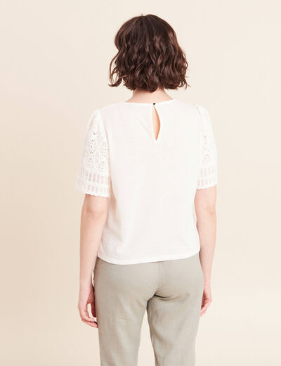 T-shirt col rond &agrave; dentelle ecru femme