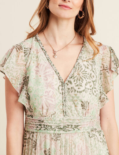 Robe longue évasée plissée vert clair femme