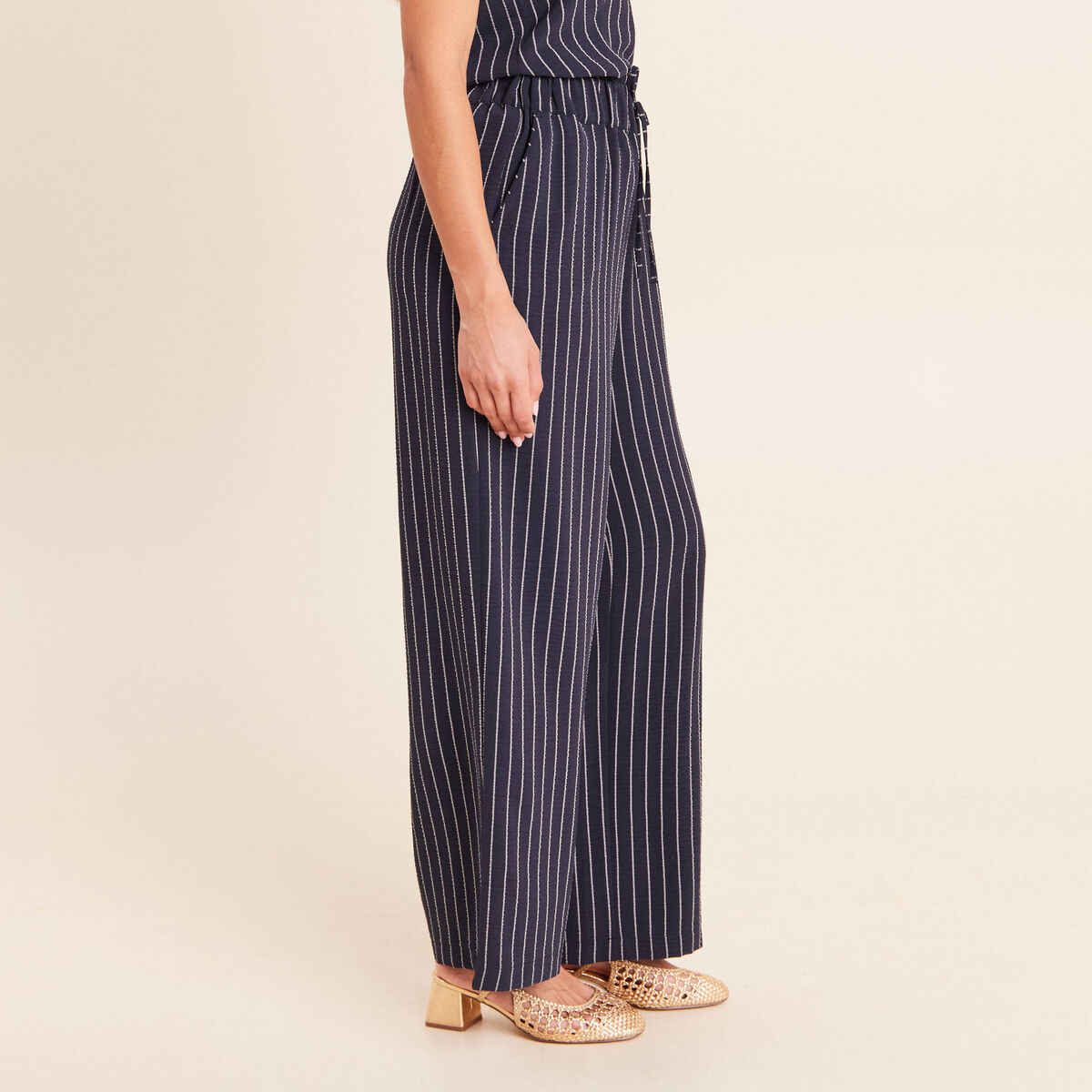 Pantalon large taille haute bleu fonc&eacute; femme