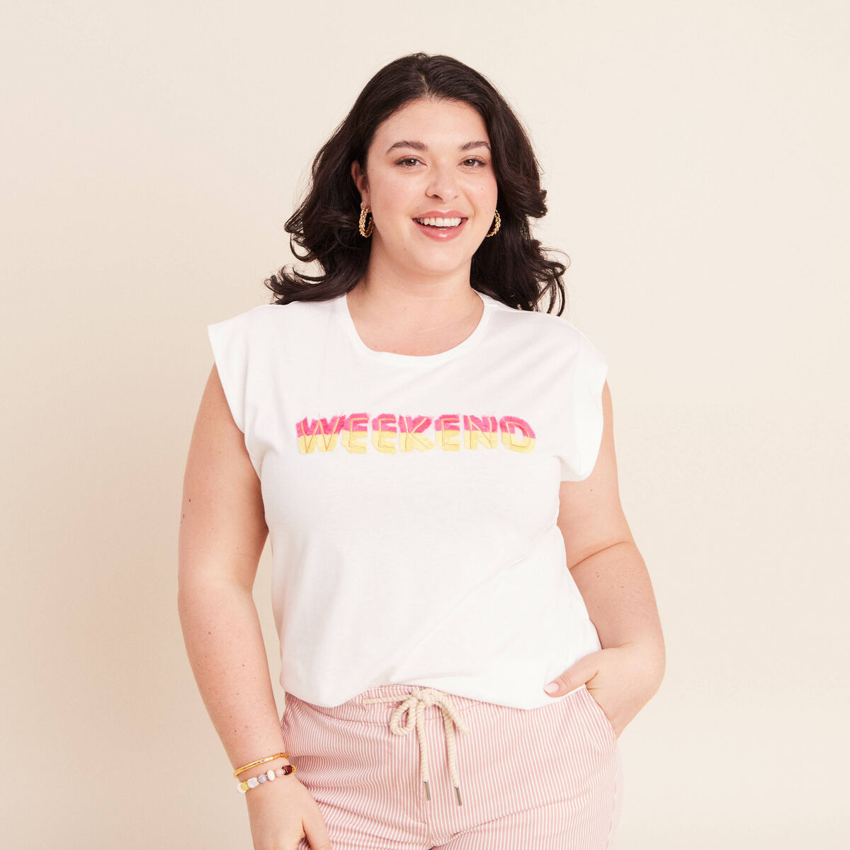 T-shirt col rond sans manches ecru femme